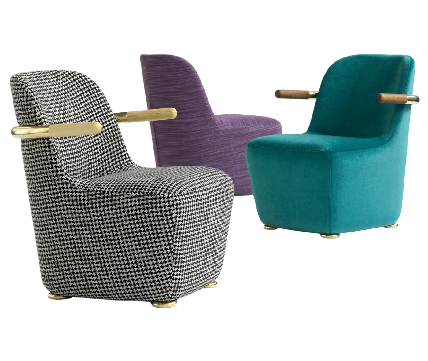 Bla Station Jackson lounge chairs with curved backrests and armrests with assorted upholstery.
