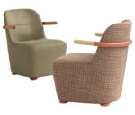 Bla Station Jackson lounge chairs in beige and blush pink upholstery, featuring curved backrests and timber-capped armrests.