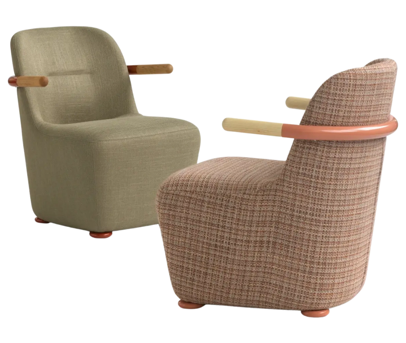 Bla Station Jackson lounge chairs in beige and blush pink upholstery, featuring curved backrests and timber-capped armrests.