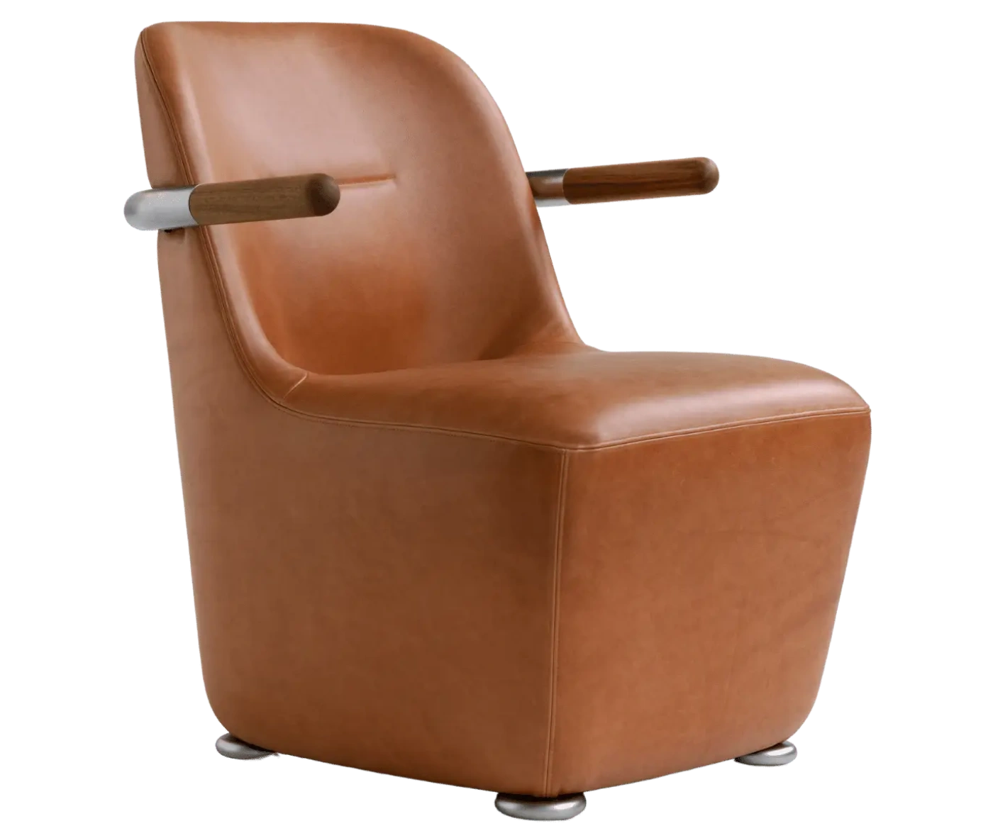 Bla Station Jackson lounge chair in front-right view in leather upholstery with curved backrest and armrests.