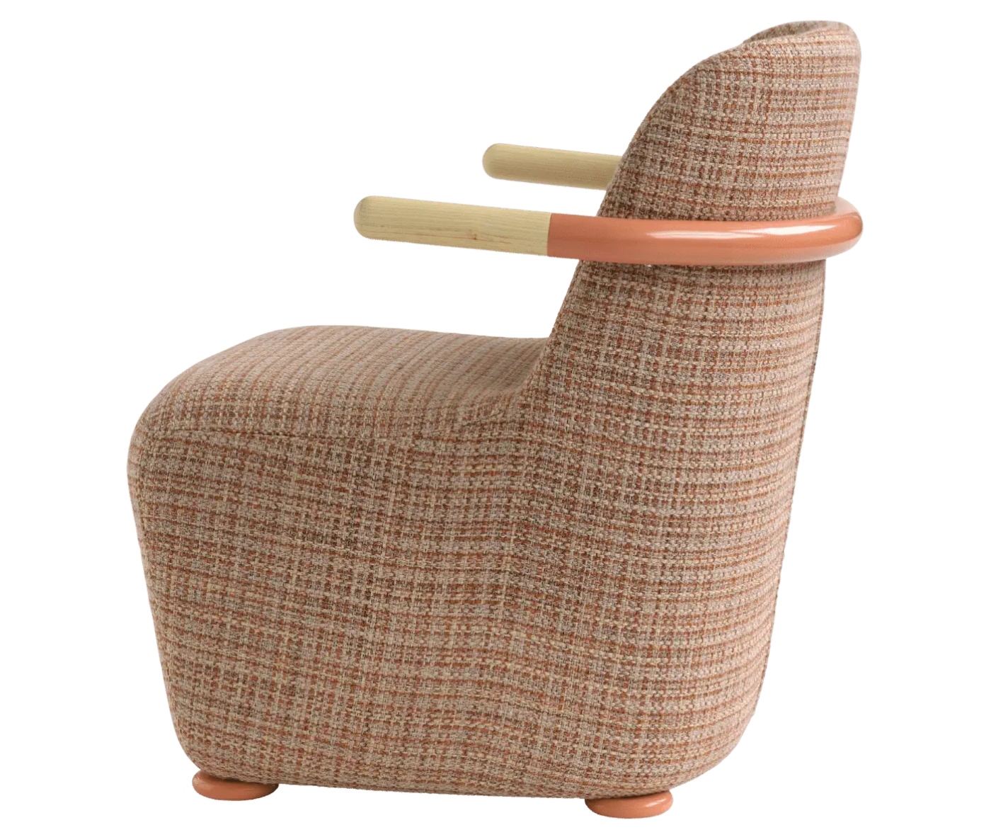 Bla Station Jackson lounge chair in left-side view, upholstered in patterned fabric with a curved backrest and timber armrests.