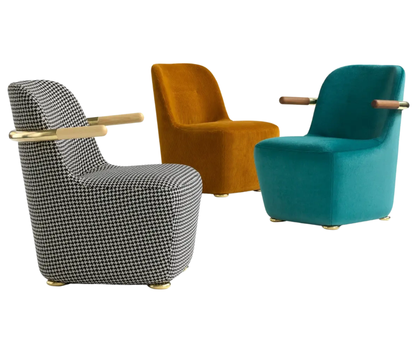 Bla Station Jackson lounge chairs in assorted upholstery, featuring curved backs, and colored armrests.