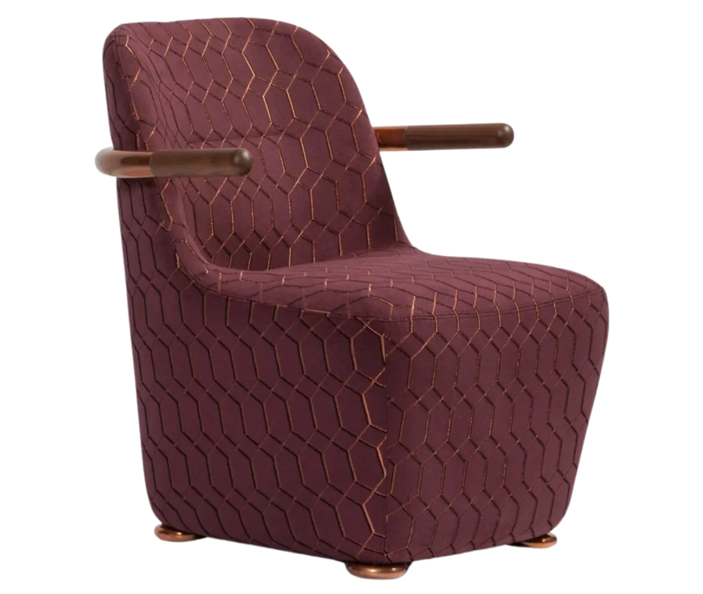 Bla Station Jackson lounge chair in front-right view, upholstered in patterned burgundy fabric with a curved backrest and armrests.
