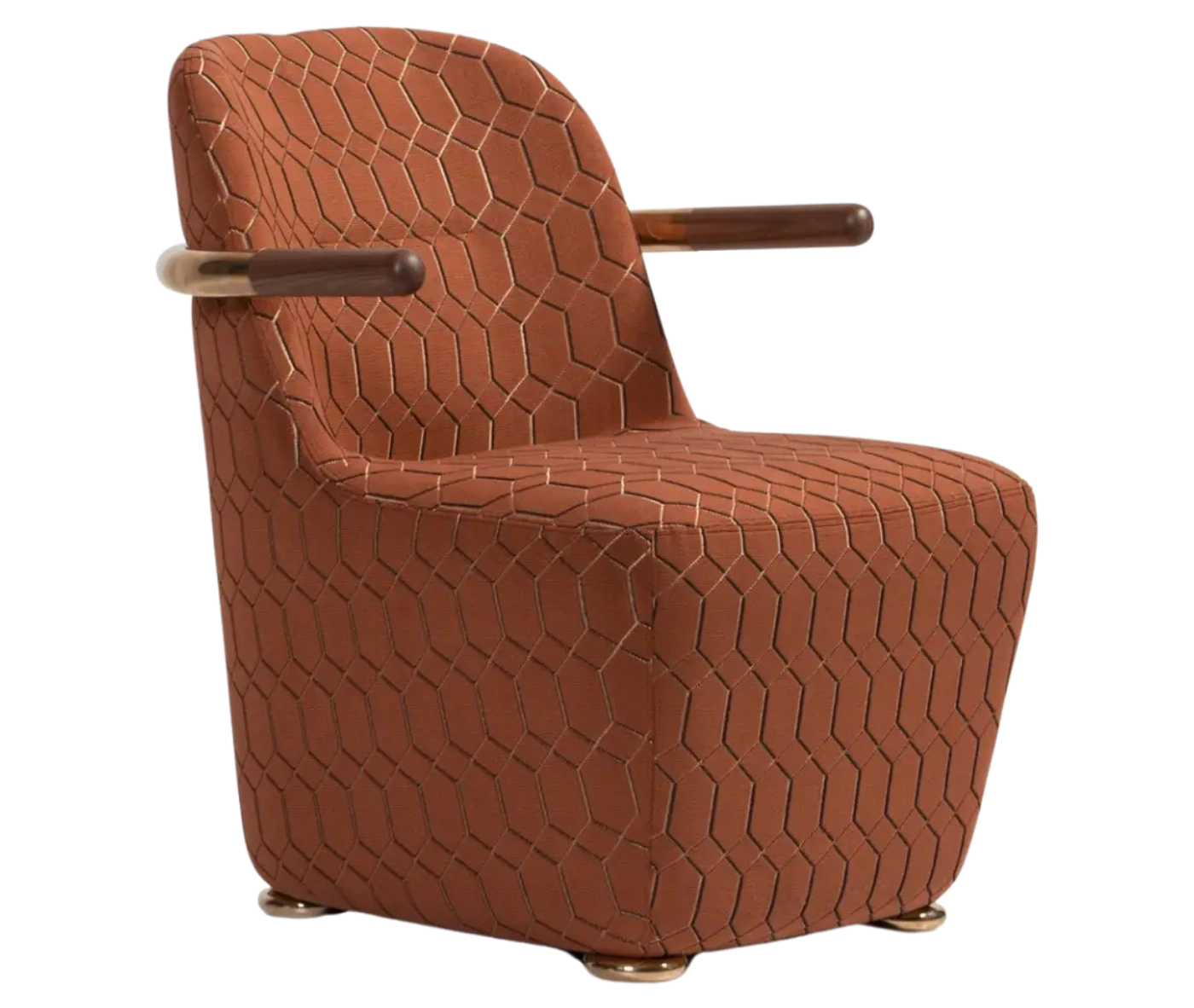 Bla Station Jackson lounge chair in front-right view, upholstered in patterned fabric with a curved backrest and armrests.