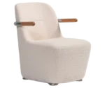 Bla Station Jackson lounge chair in front-right view in white upholstery with curved backrest and timber armrests.