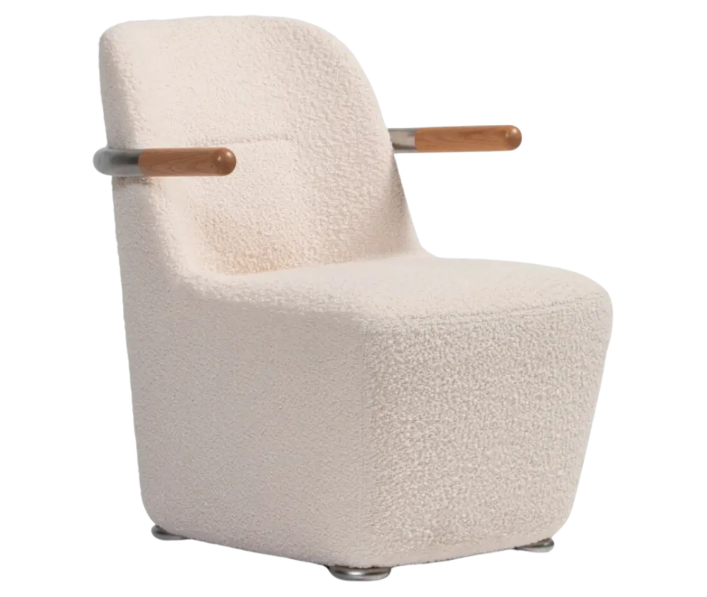 Bla Station Jackson lounge chair in front-right view in white upholstery with curved backrest and timber armrests.