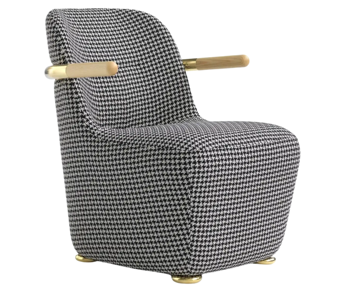 Bla Station Jackson lounge chair in front-right view, upholstered in patterned fabric with a curved backrest and timber armrests.