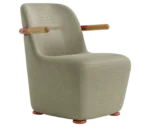 Bla Station Jackson lounge chair in front-right view in grey upholstery with curved backrest and timber armrests.