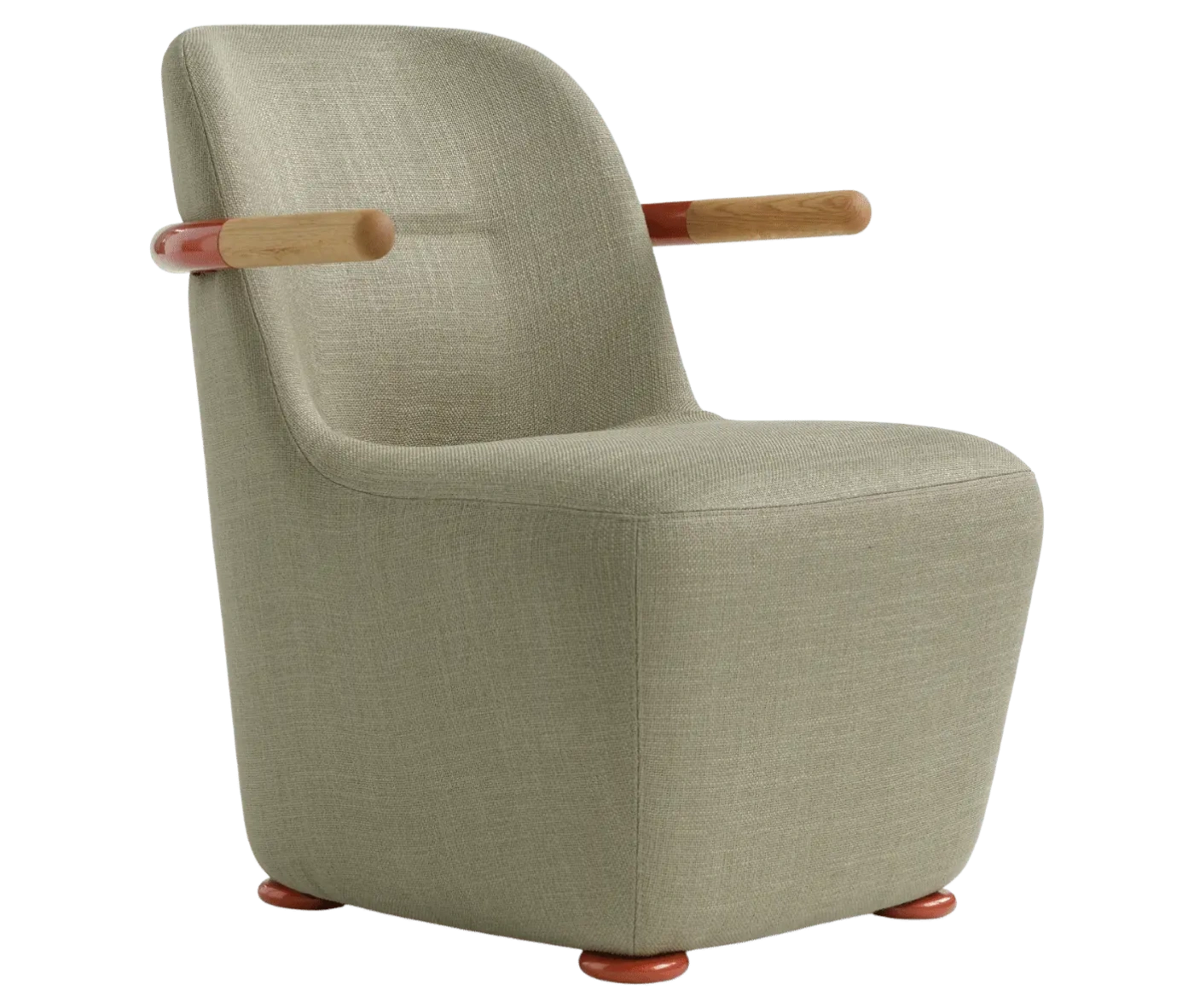 Bla Station Jackson lounge chair in front-right view in grey upholstery with curved backrest and timber armrests.