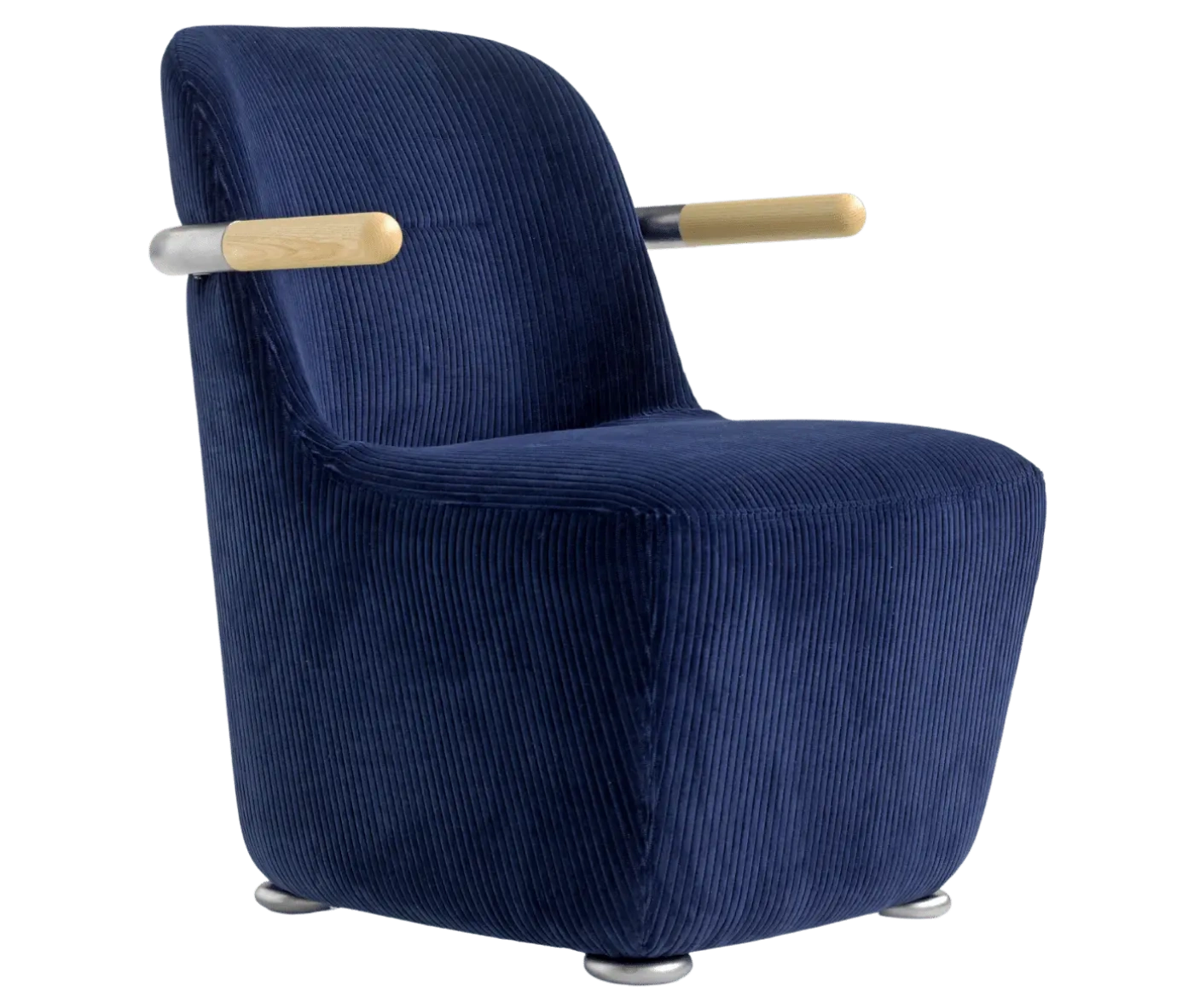 Bla Station Jackson lounge chair in front-right view in blue corduroy upholstery with curved backrest and timber armrests.