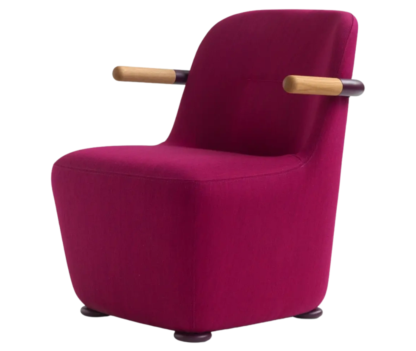 Bla Station Jackson lounge chair in front-left view in pink upholstery with curved backrest and timber armrests.