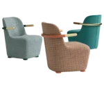 Bla Station Jackson lounge chairs in assorted upholstery, featuring curved backs, and colored armrests.