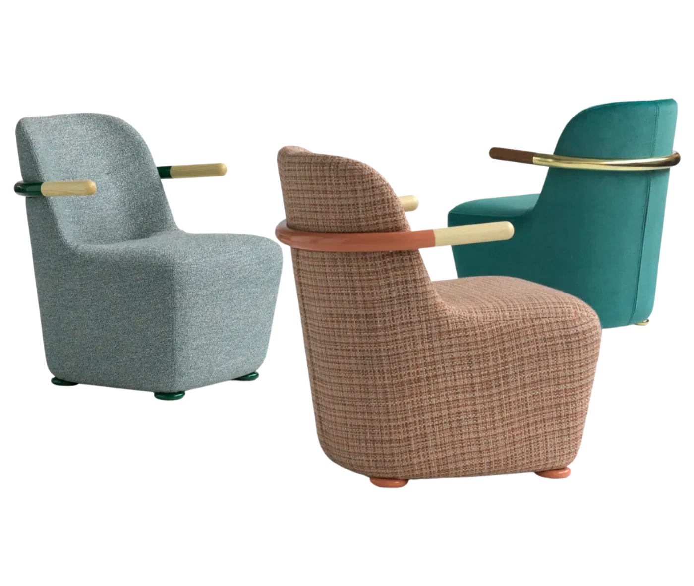 Bla Station Jackson lounge chairs in assorted upholstery, featuring curved backs, and colored armrests.