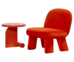Bla Station Maximus chair and LIV side table in red finish with a round timber top and curved timber base.