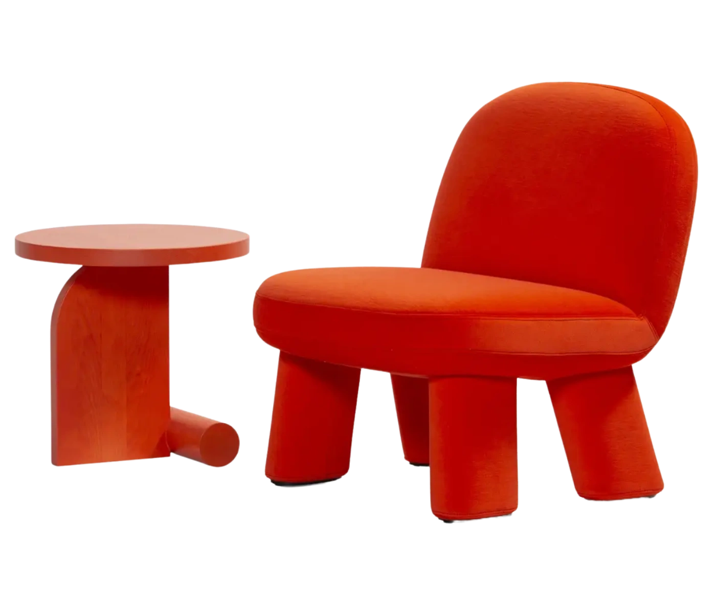 Bla Station Maximus chair and LIV side table in red finish with a round timber top and curved timber base.