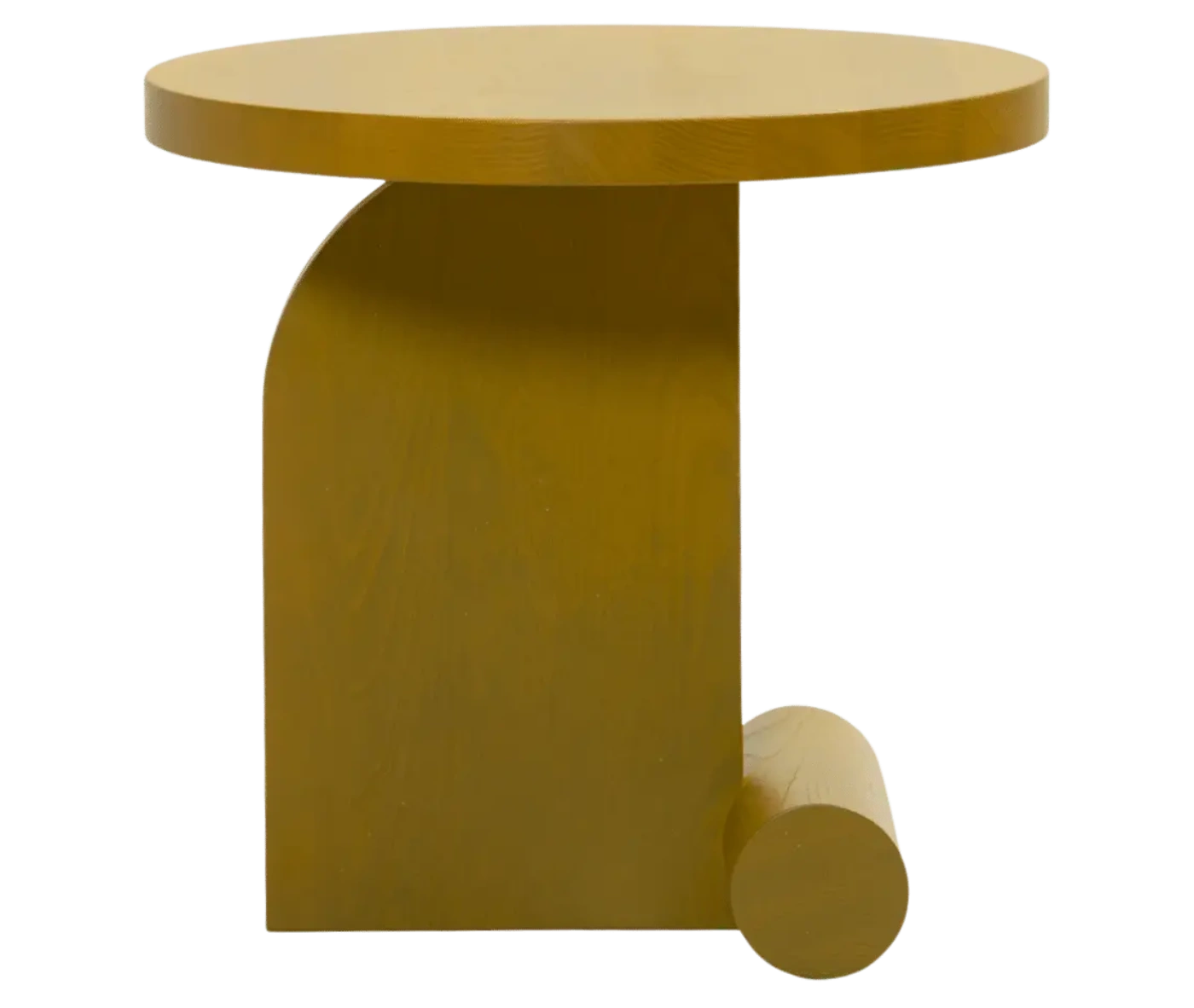 Bla Station LIV side table in front view in mustard yellow finish with a round timber top and base.