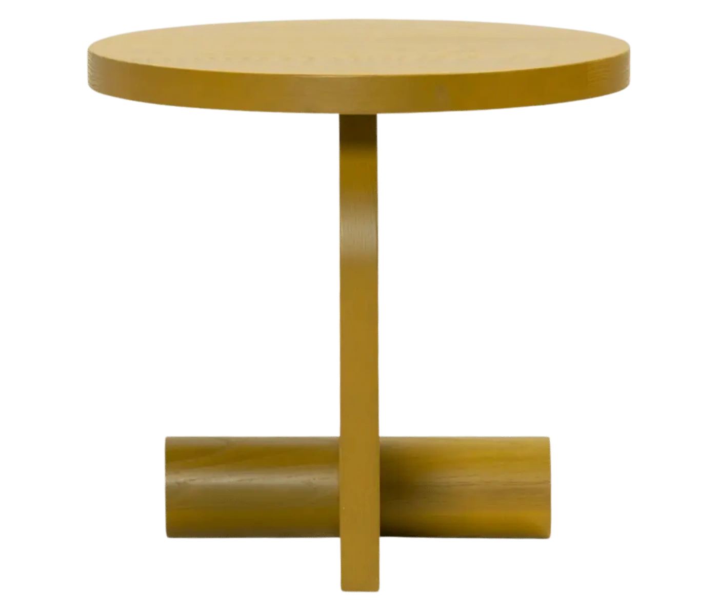 Bla Station LIV side table in side view in mustard yellow finish with a round timber top and base.