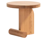 Bla Station LIV side table in front-left view in natural wood finish with a round timber top and base.