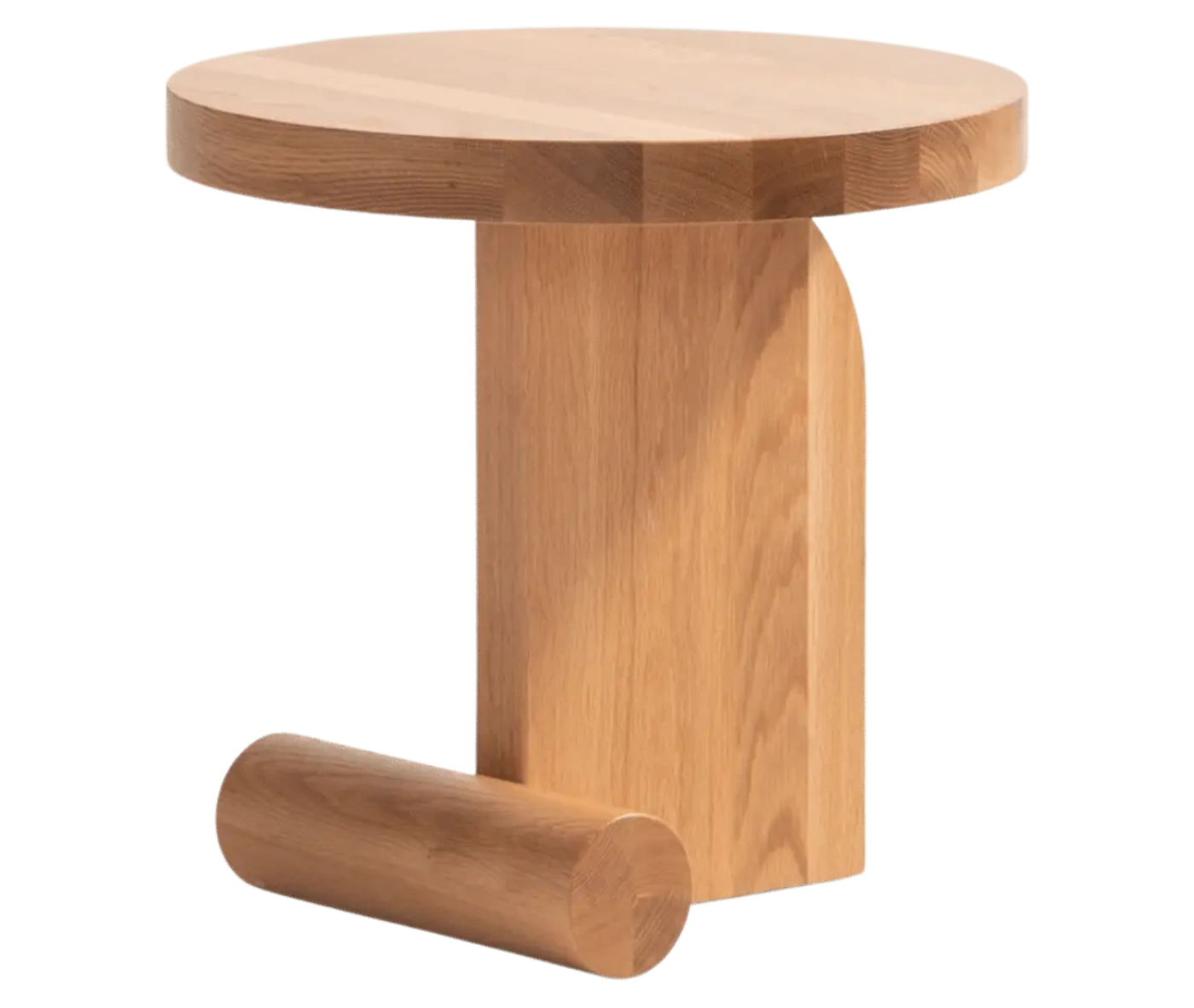 Bla Station LIV side table in front-left view in natural wood finish with a round timber top and base.