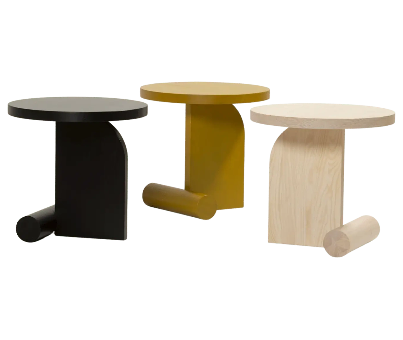 Bla Station LIV side tables lined up in assorted finish with a round timber top and timber base.