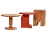 Bla Station LIV side table in beige and red finish with a round timber top and curved timber base.