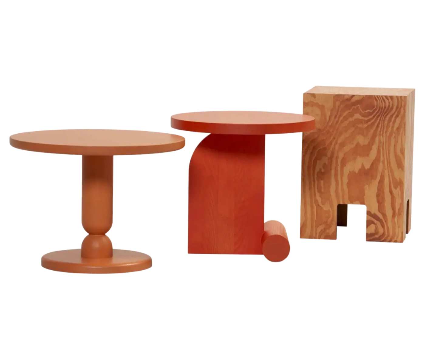 Bla Station LIV side table in beige and red finish with a round timber top and curved timber base.