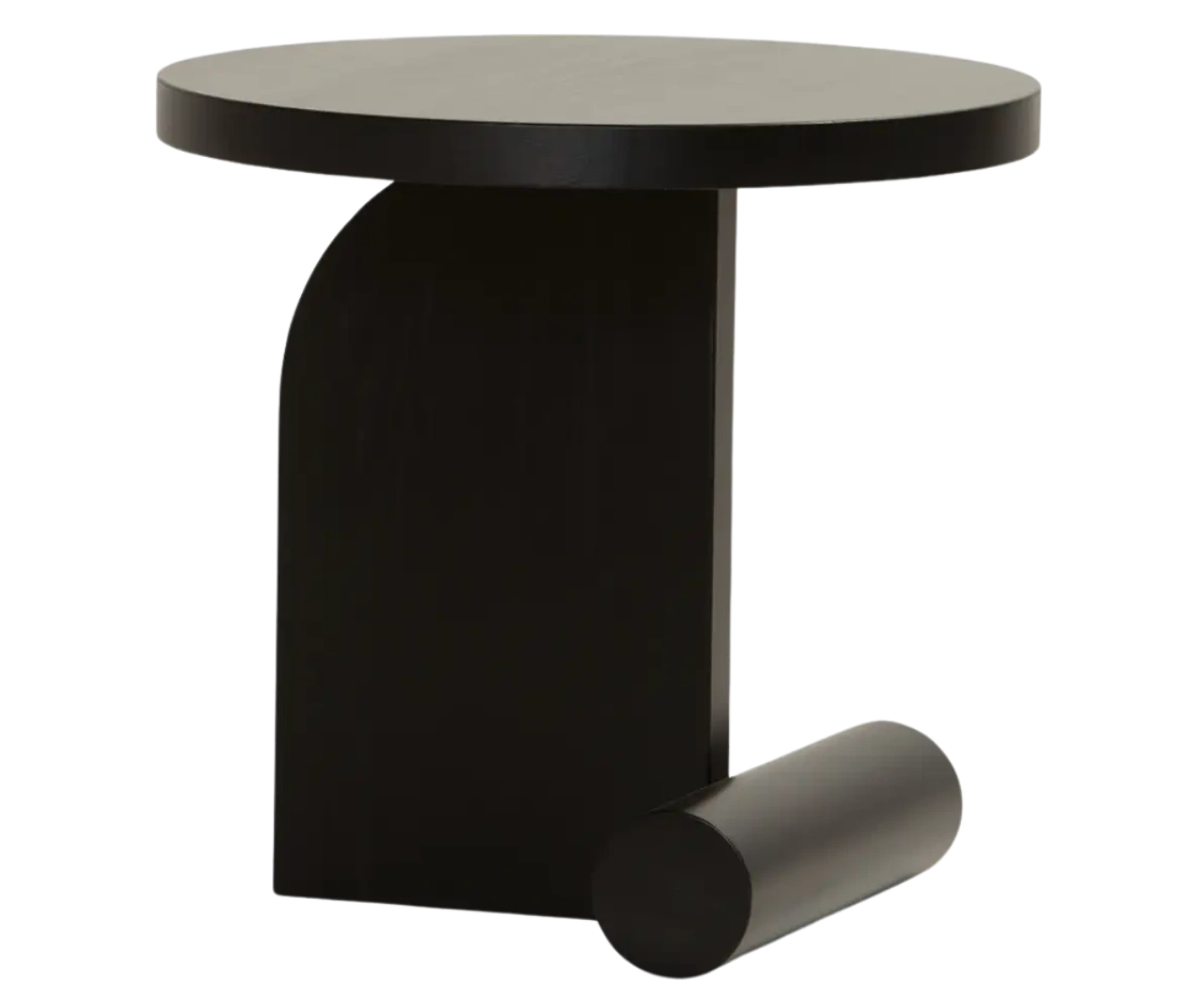 Bla Station LIV side table in dark finish with a round timber top and curved timber base.