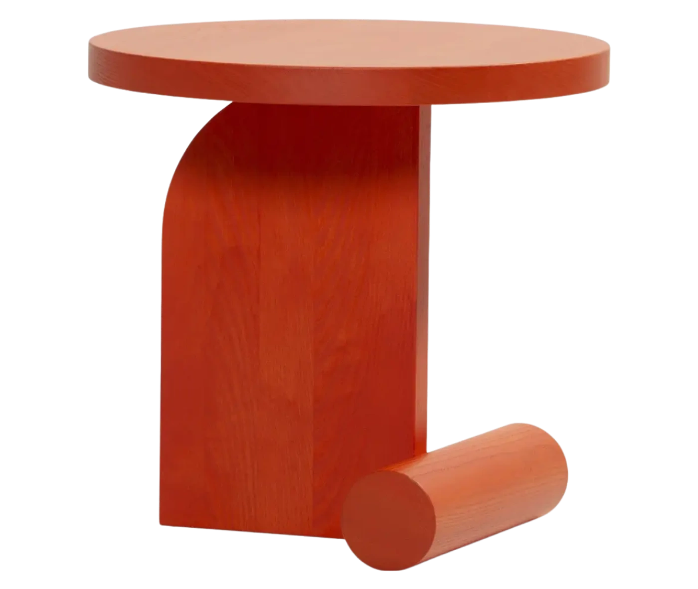 Bla Station LIV side table in red finish with a round timber top and curved timber base.