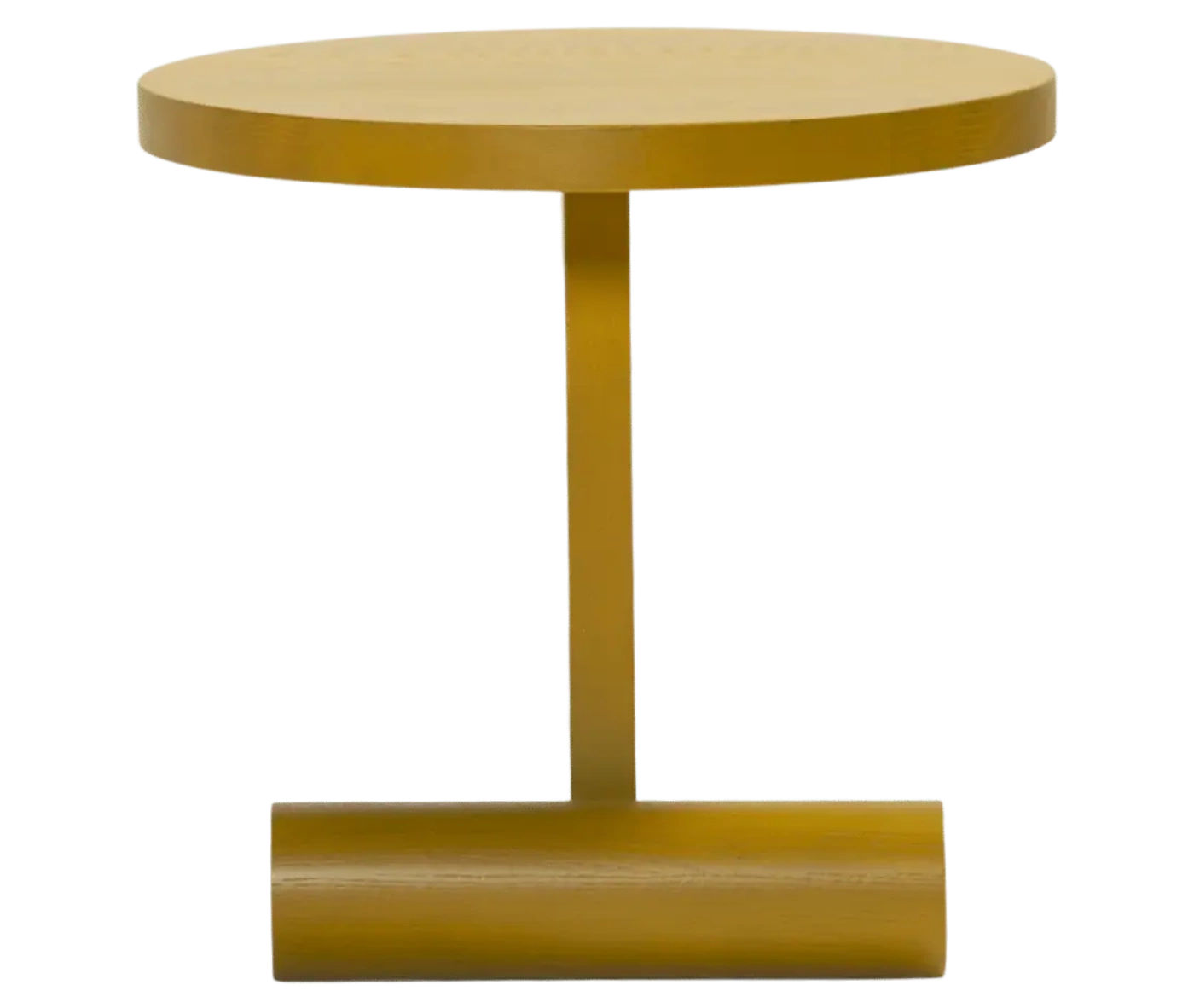 Bla Station LIV side table in side view in mustard yellow finish with a round timber top and timber base.