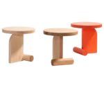 Bla Station LIV side tables in red and natural timber finish with a round timber top and curved timber base.