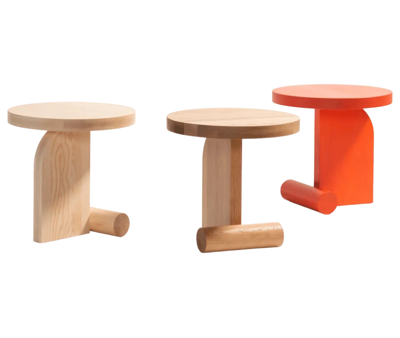 Bla Station LIV side tables in red and natural timber finish with a round timber top and curved timber base.