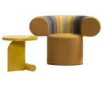 Bla Station Big Talk chair and LIV side table in mustard yellow finish with a round timber top and curved timber base.