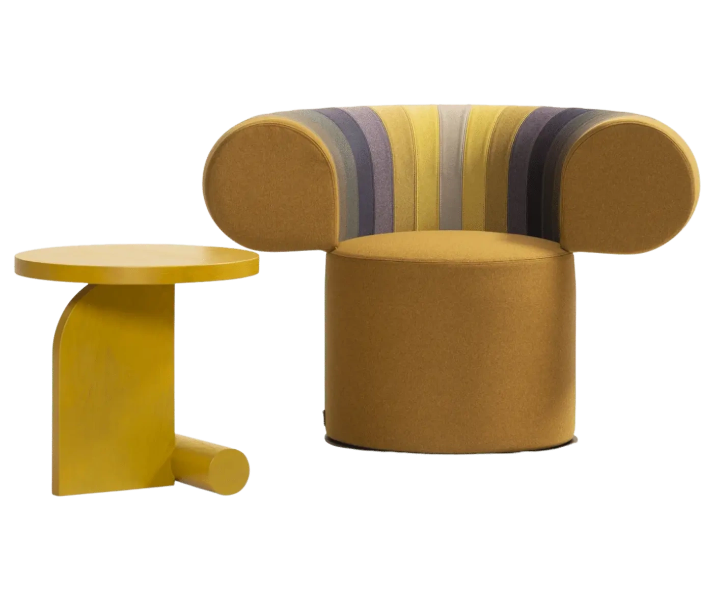 Bla Station Big Talk chair and LIV side table in mustard yellow finish with a round timber top and curved timber base.