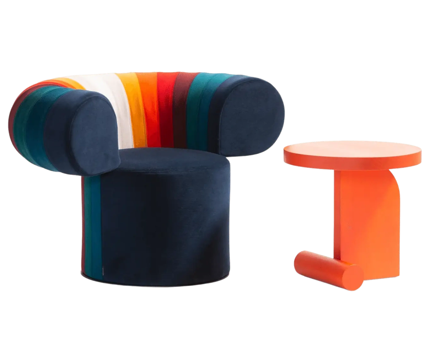 Bla Station Big Talk chair and LIV side table in orange finish with a round timber top and curved timber base.