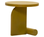 Bla Station LIV side table in front-right view in mustard yellow finish with a round timber top and curved base.