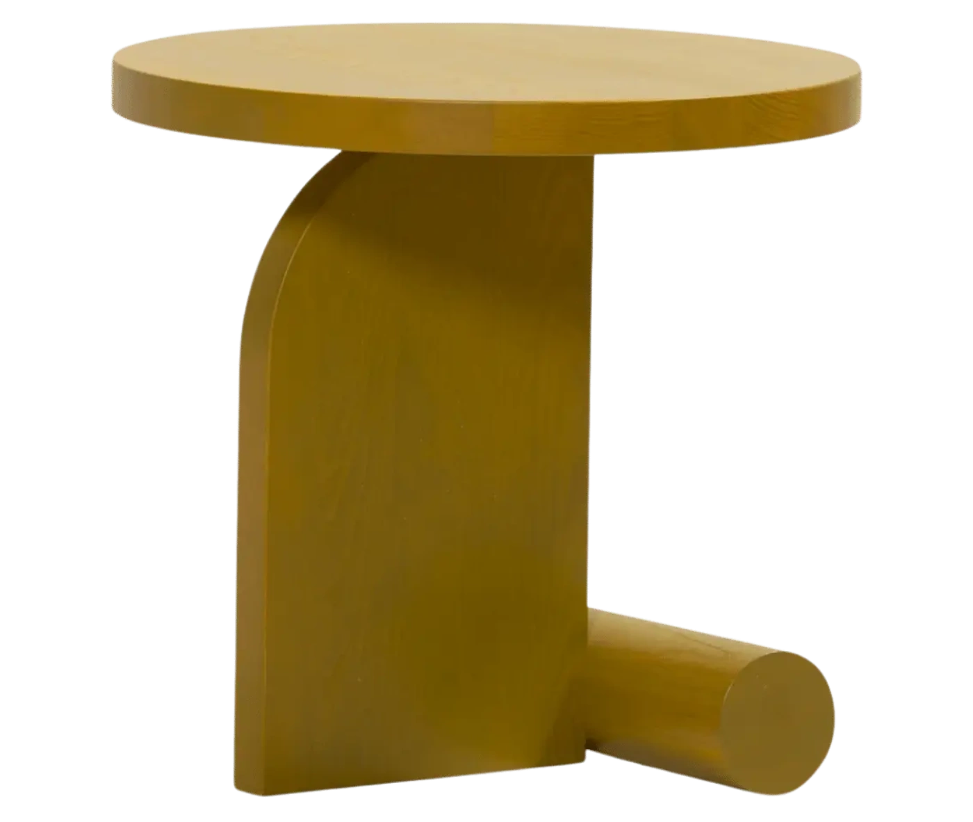 Bla Station LIV side table in front-right view in mustard yellow finish with a round timber top and curved base.