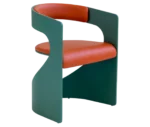 Bla Station Lucky chair in front-right view with a blue-green curved frame and orange upholstered seat and backrest.