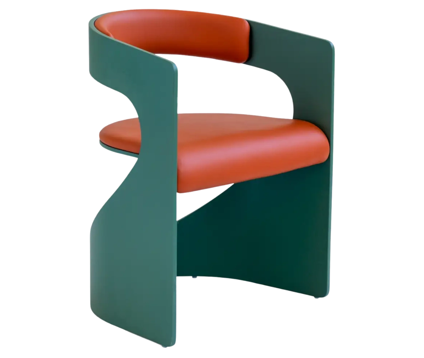 Bla Station Lucky chair in front-right view with a blue-green curved frame and orange upholstered seat and backrest.