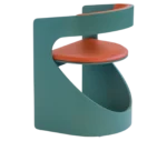 Bla Station Lucky lounge chair, back view with green curved timber frame and orange upholstered seat and backrest.