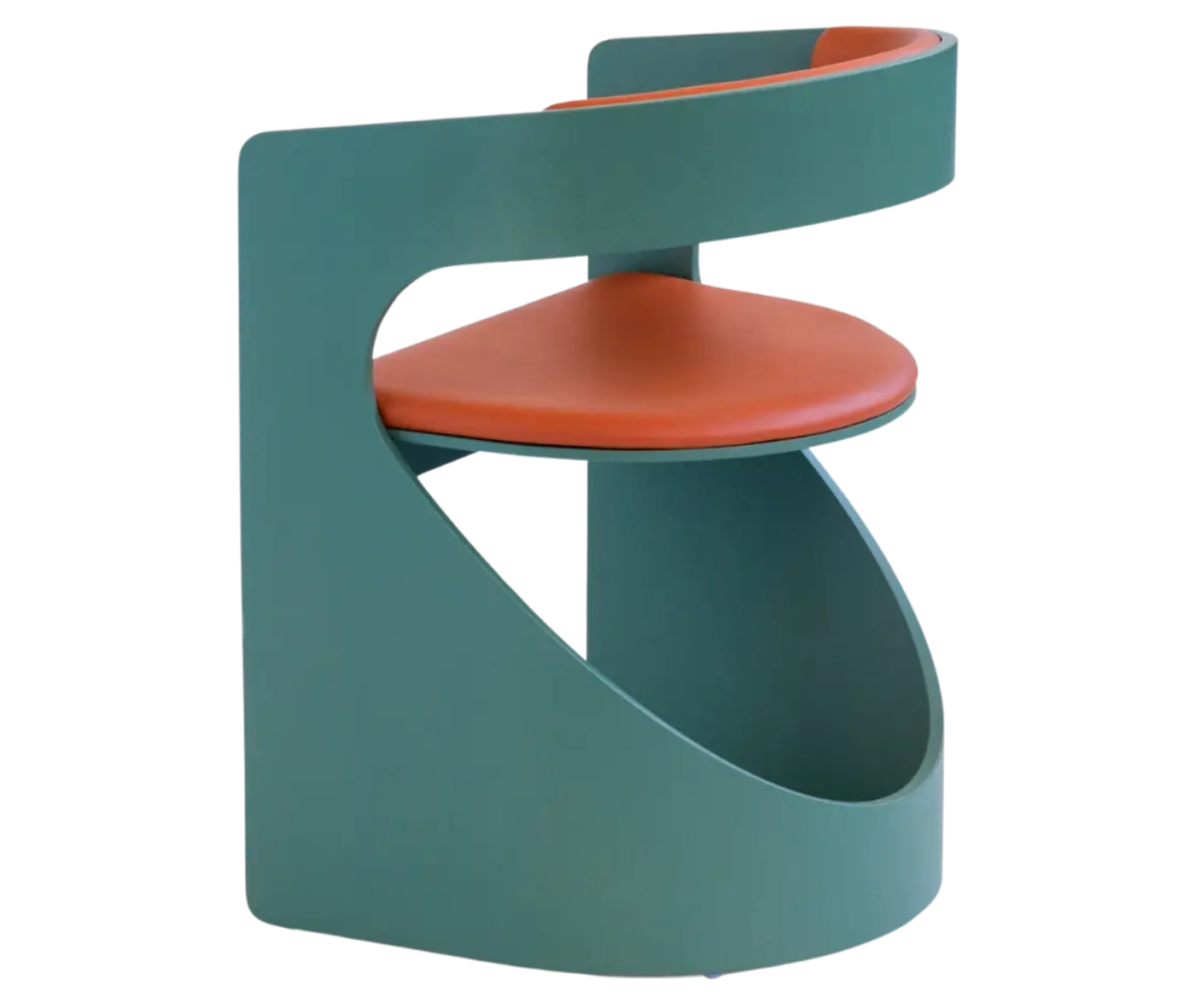 Bla Station Lucky lounge chair, back view with green curved timber frame and orange upholstered seat and backrest.