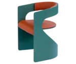 Bla Station Lucky lounge chair, front-left view with green curved timber frame and orange upholstered seat and backrest.