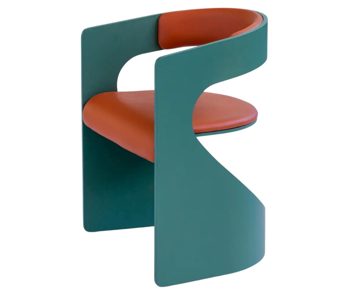 Bla Station Lucky lounge chair, front-left view with green curved timber frame and orange upholstered seat and backrest.