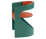 Bla Station Lucky lounge chair, left-side view with green curved timber frame and orange upholstered seat and backrest.