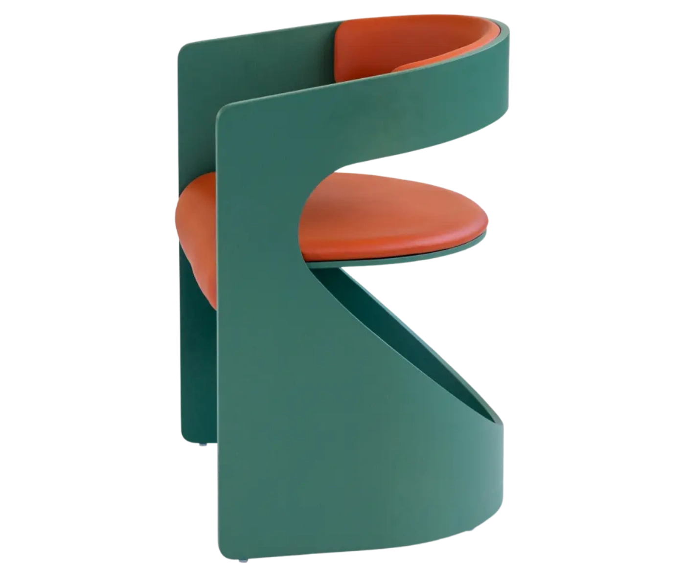 Bla Station Lucky lounge chair, left-side view with green curved timber frame and orange upholstered seat and backrest.