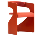 Bla Station Lucky lounge chair, front-right view with red curved timber frame and upholstered seat and backrest.
