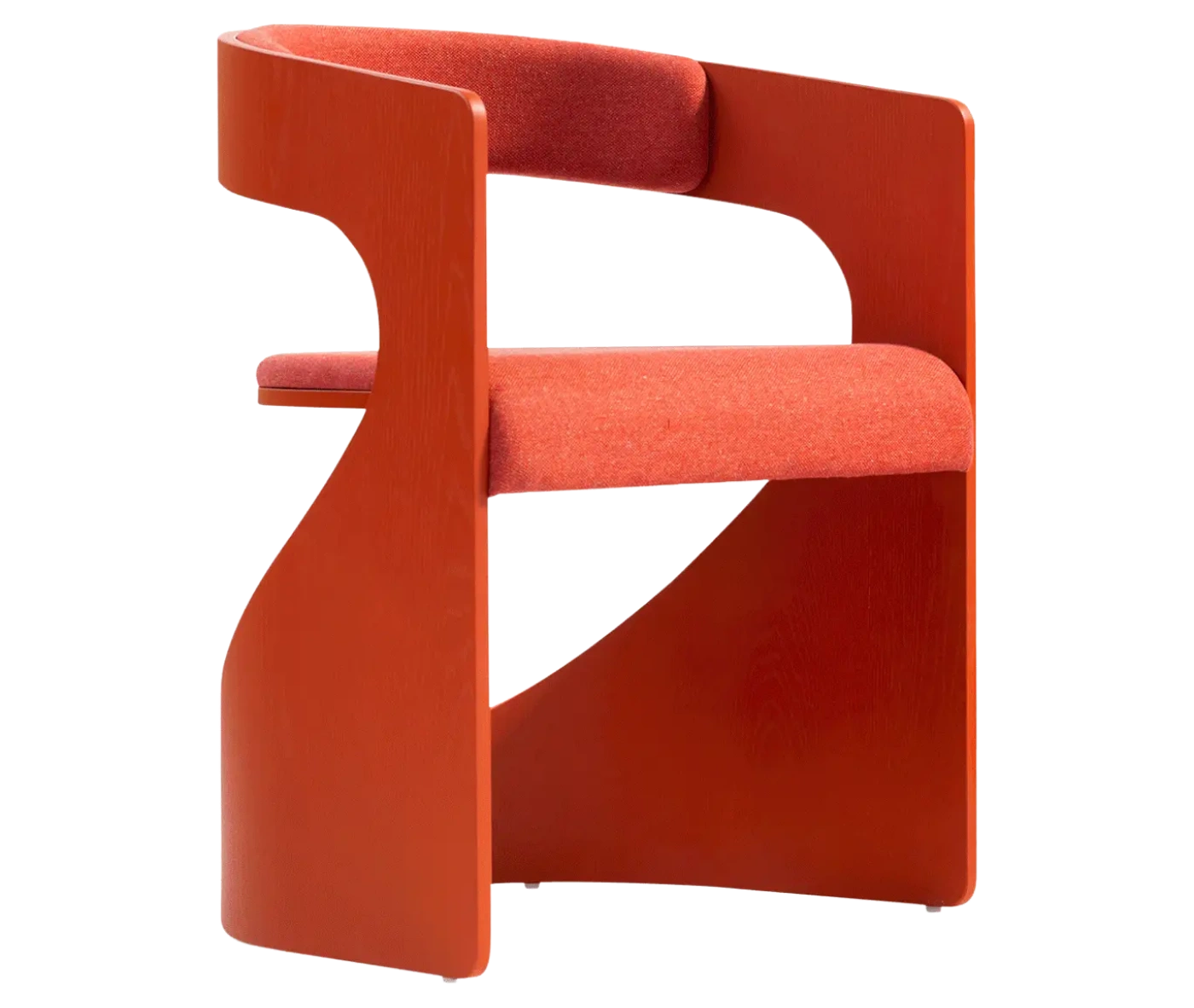 Bla Station Lucky lounge chair, front-right view with red curved timber frame and upholstered seat and backrest.