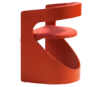 Bla Station Lucky lounge chair, left-side view with red curved timber frame and upholstered seat and backrest.