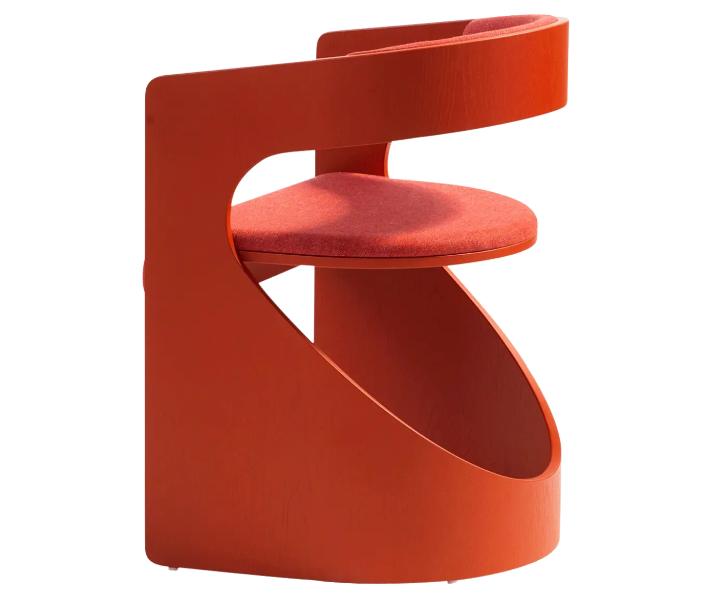 Bla Station Lucky lounge chair, left-side view with red curved timber frame and upholstered seat and backrest.