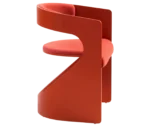 Bla Station Lucky lounge chair, right-side view with red curved timber frame and upholstered seat and backrest.