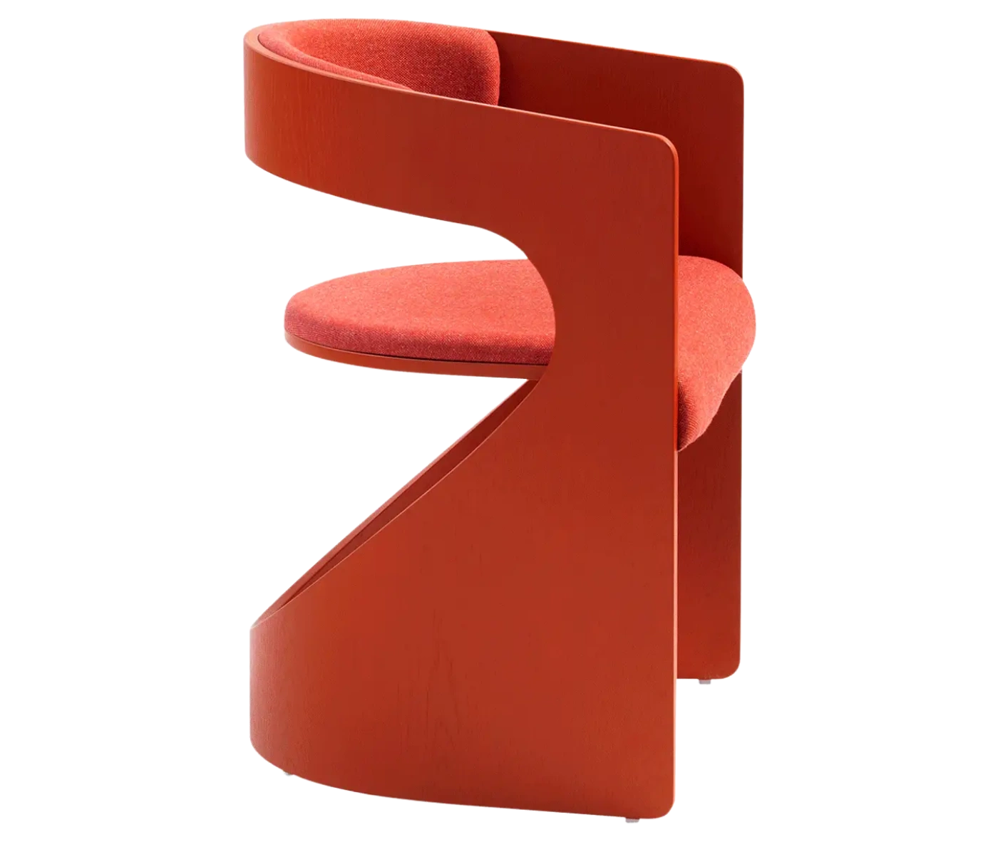Bla Station Lucky lounge chair, right-side view with red curved timber frame and upholstered seat and backrest.